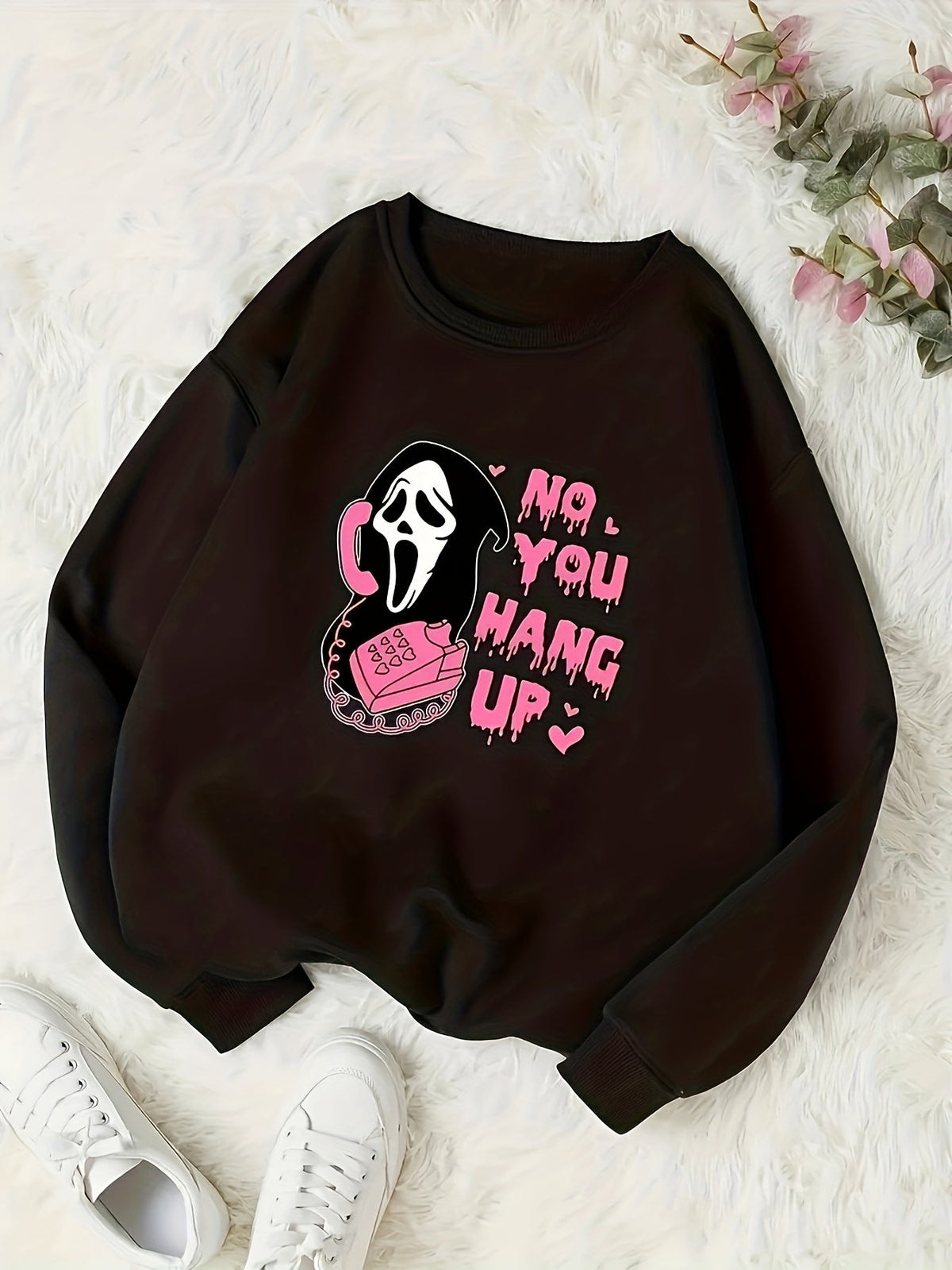 Plus Size Halloween Casual Sweatshirt, Women's Plus Skull & Slogan Print Long Sleeve Round Neck Slight Stretch Sweatshirt