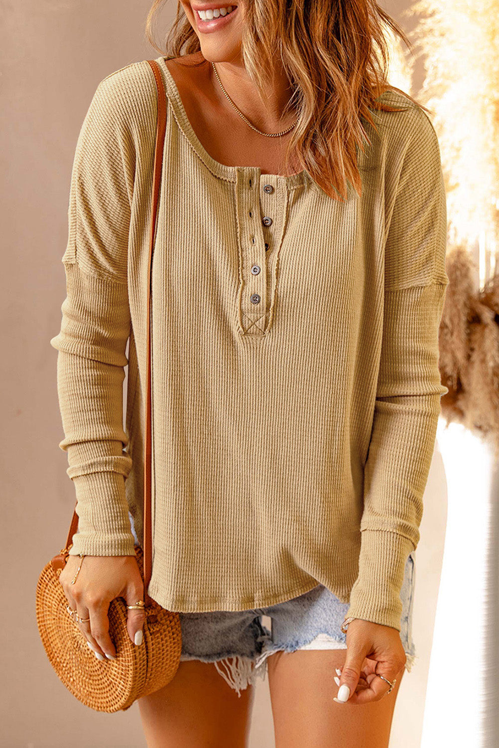 Orange Waffle Knit Henley Top