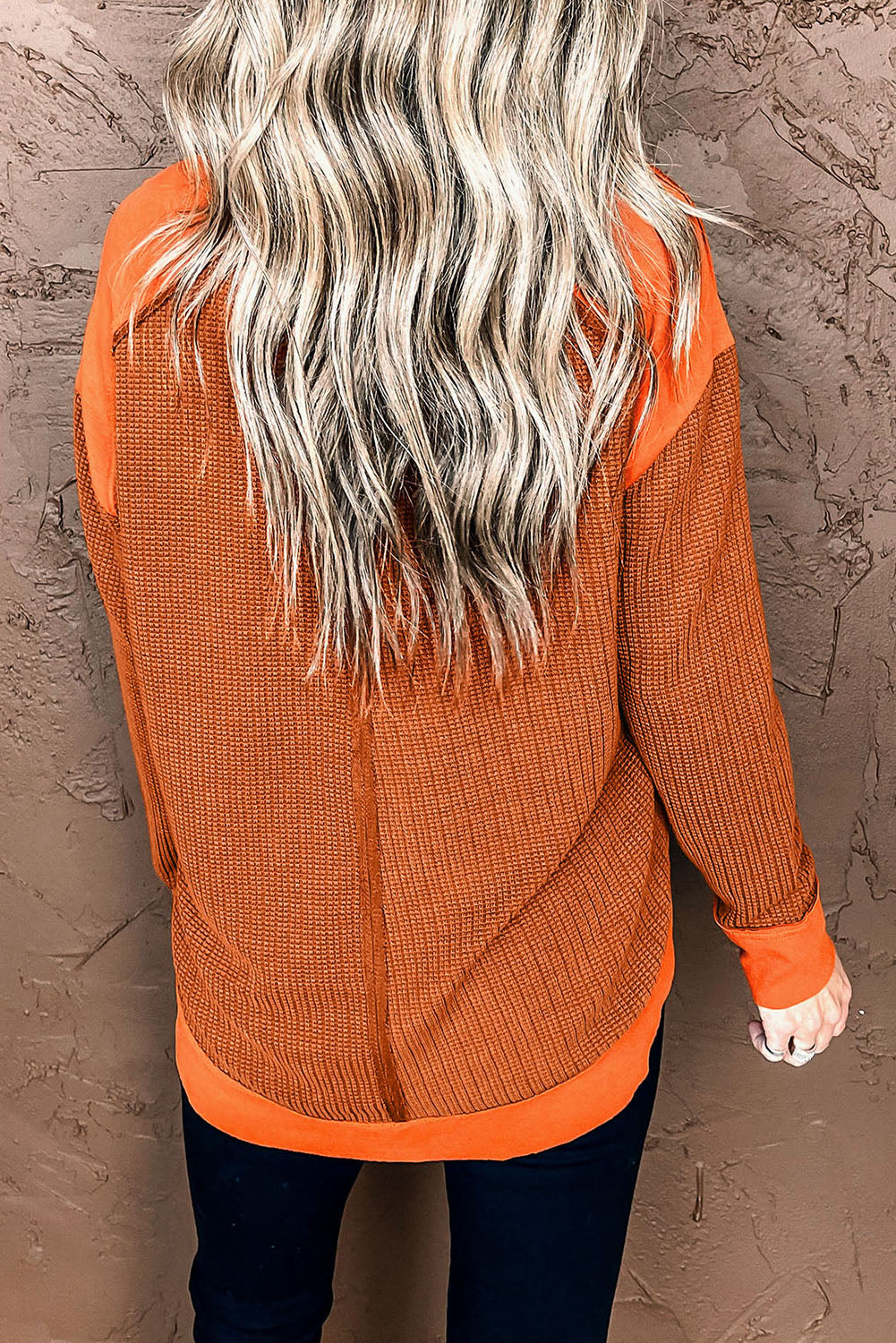 Orange Waffle Knit Patchwork V Neck Long Sleeve Top