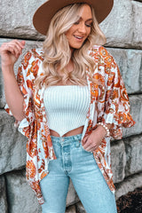 Orange Draped Paisley Print Open Front Overlay Top with Ruffles