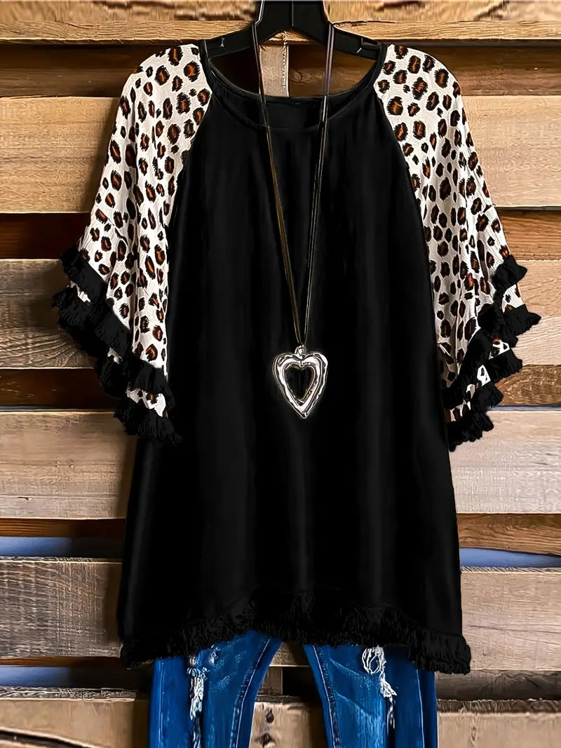 Plus Size Boho T-shirt, Women's Plus Colorblock Leopard Print Tassel Trim Round Neck Tee