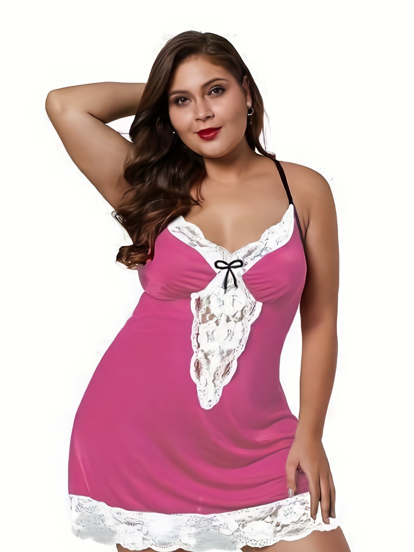 Plus Size Sexy Nightdress, Women's Plus Comfort Soft Contrast Lace Criss Cross Back V Neck Cami Sleep Dress With Free Underwear