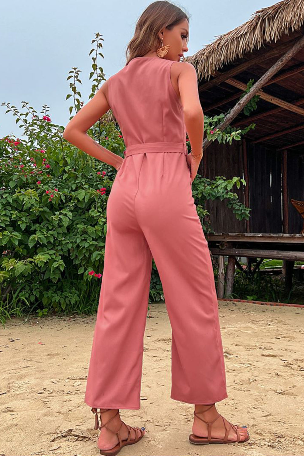 Pink Button V Neck Sleeveless Jumpsuit with Belt