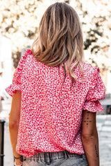 Pink Abstract Print Buttoned Ruffle Sleeve Shirt