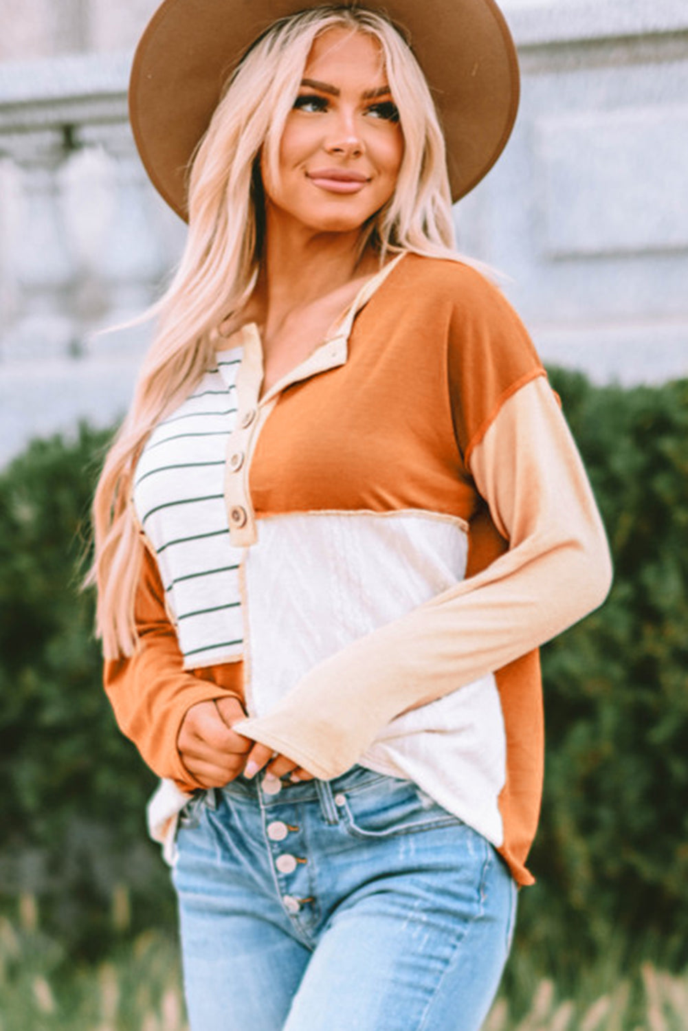 Orange Stripe Color Block Splicing Long Sleeve Henley Top