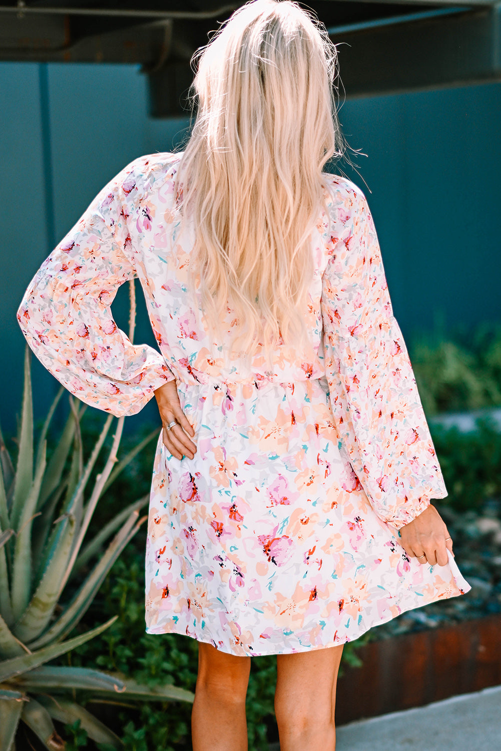 Pink V Neck Bubble Sleeves Floral Dress