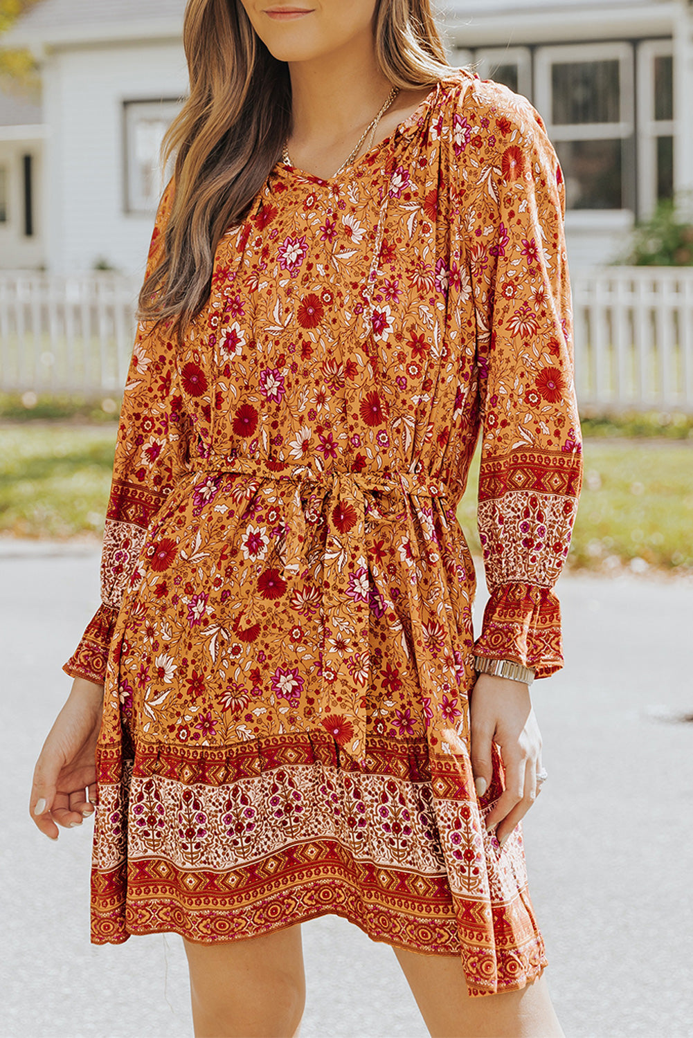 Orange Floral Print Drawstring Long Sleeve Mini Dress