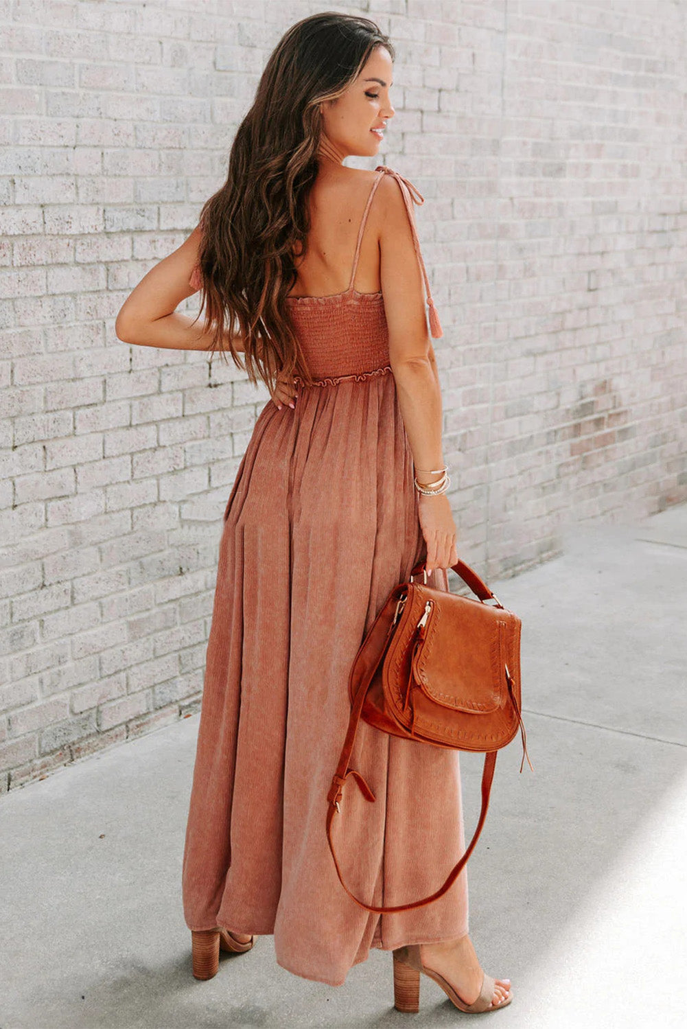 Orange Retro Washed Spaghetti Straps Smocked Wide Leg Jumpsuit