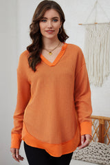 Orange Waffle Knit Patchwork V Neck Long Sleeve Top