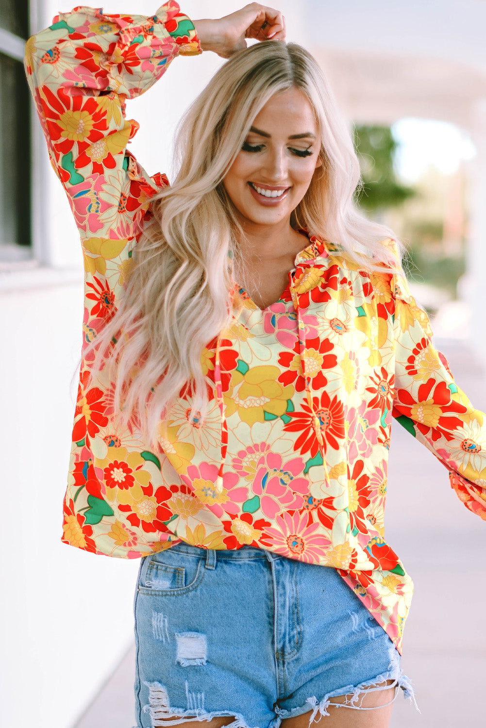 Orange Shirred Neck Summer Floral Dress