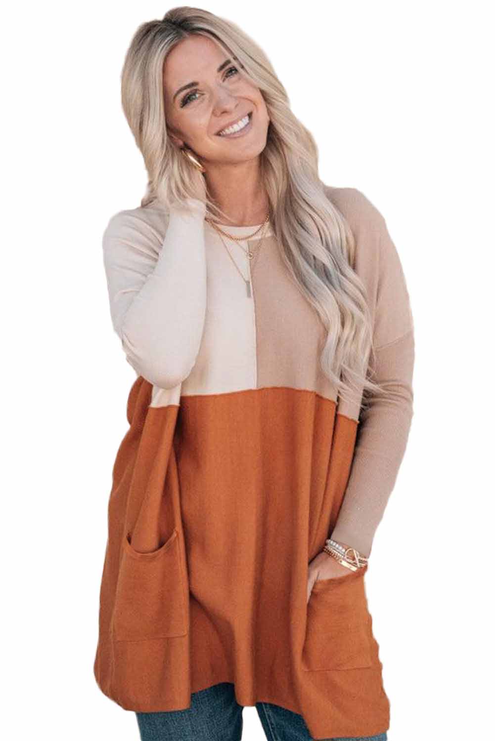 Orange Pocketed Color Block Patchwork Long Sleeve Top