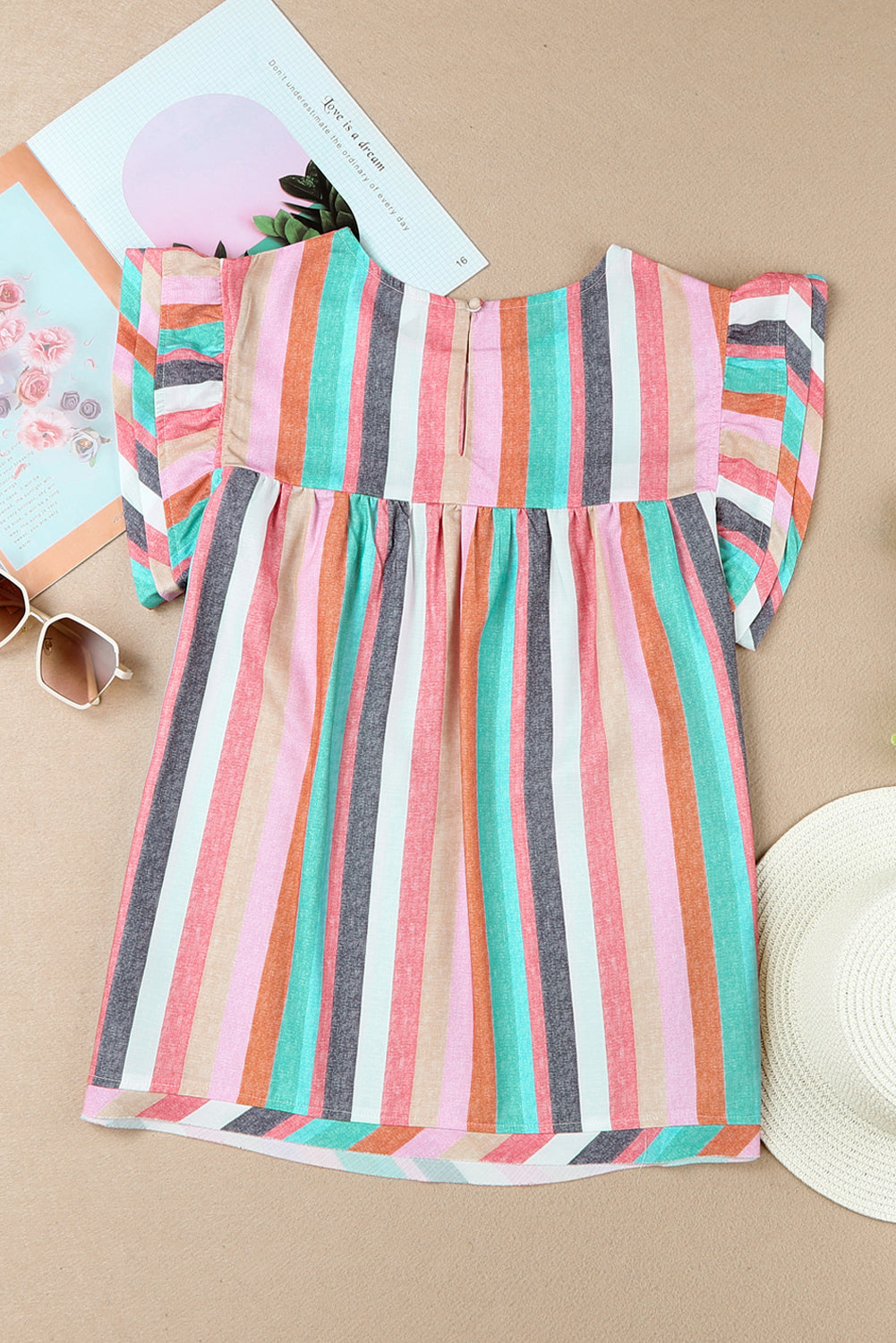 Pink Striped Button Sweetheart Flutter Sleeve Dress