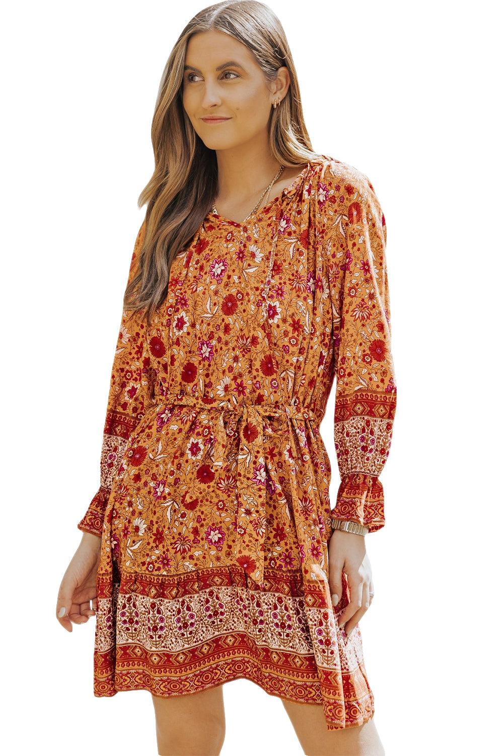 Orange Floral Print Drawstring Long Sleeve Mini Dress