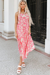 Vestido largo con lazo en los hombros y estampado floral de cuadros vichy rosas