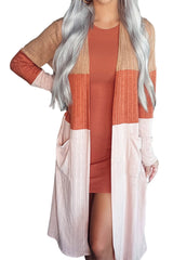 Orange Colorblock Pocketed Long Sleeve Cardigan