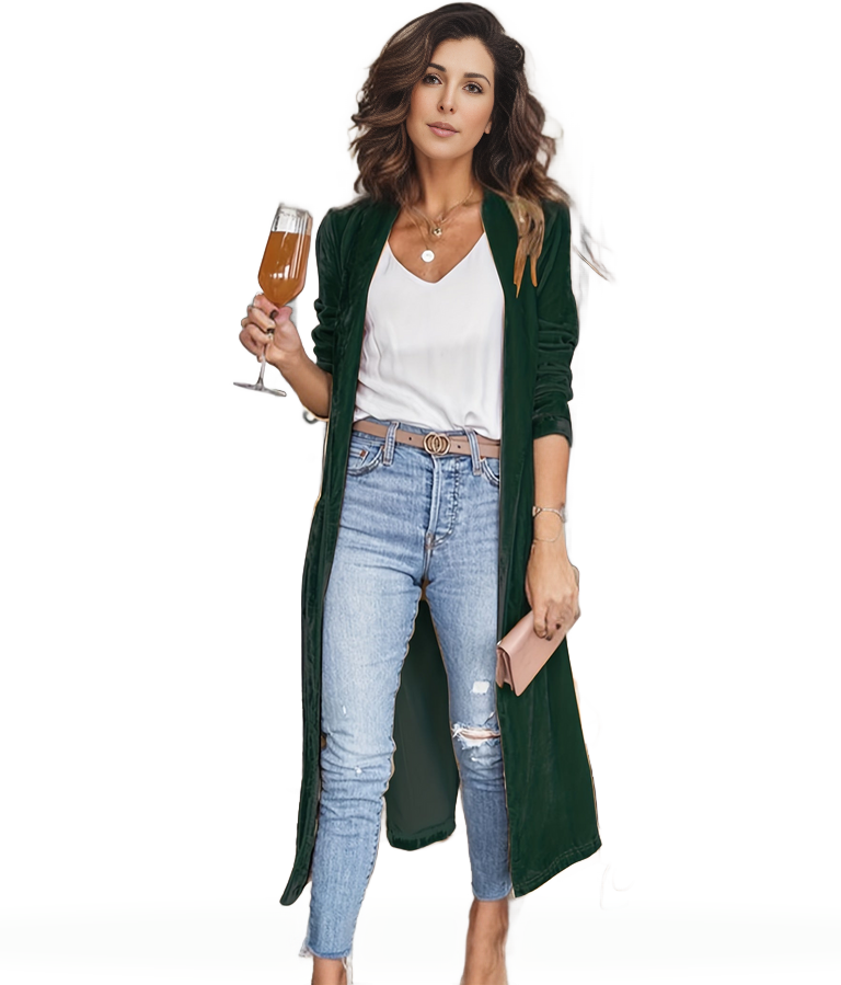 Plus Size Casual Coat, Women's Plus Solid Velvet Long Sleeve Open Front Long Cardigan