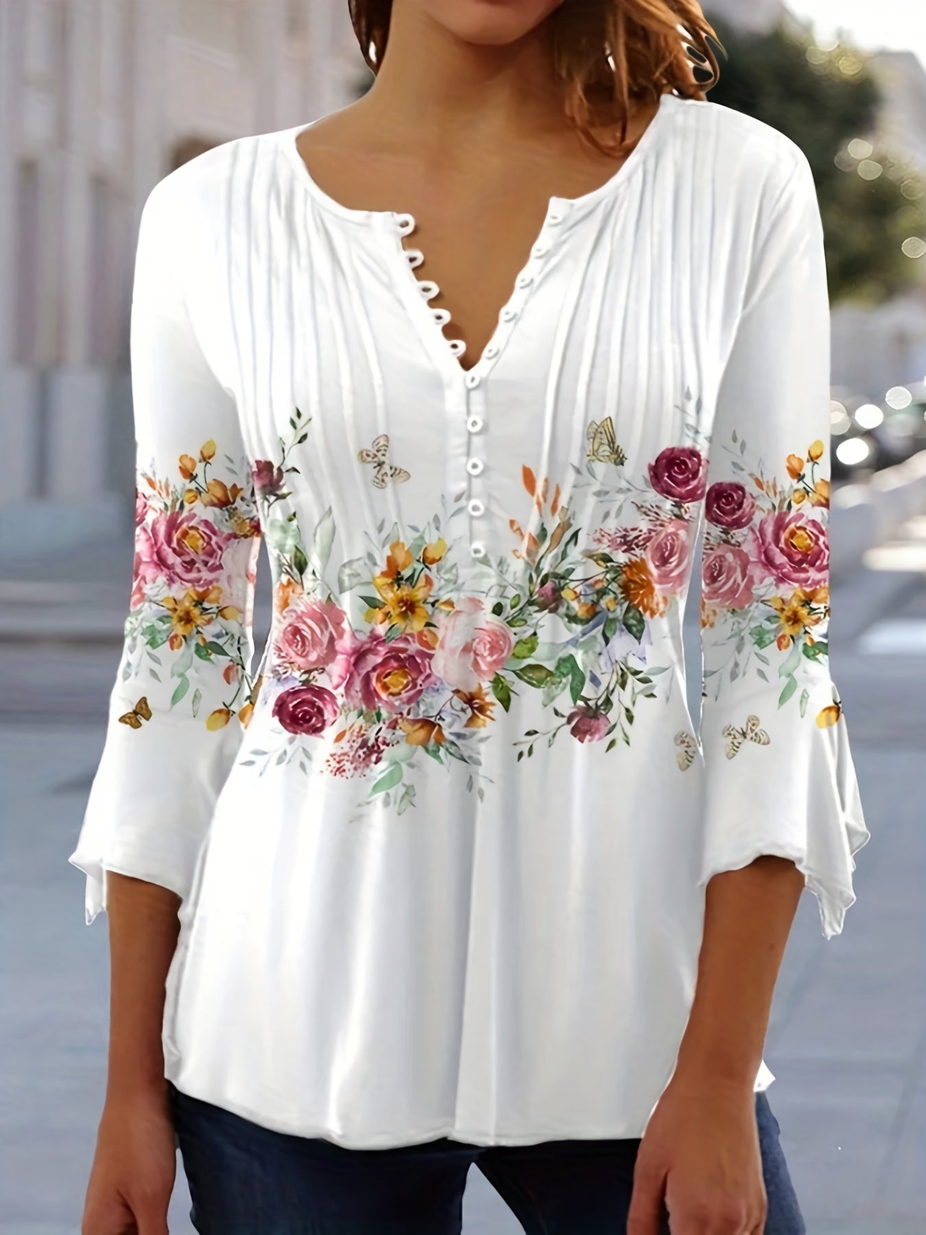 Plus Size Casual T-shirt, Women's Plus Floral Print Bell Sleeve Round Neck Slight Stretch Ruched Henley T-shirt