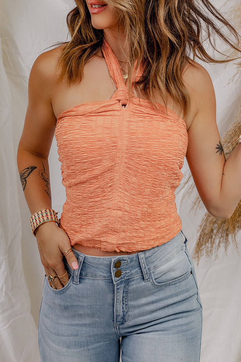 Orange Shirred Open Back Halter Tank Top