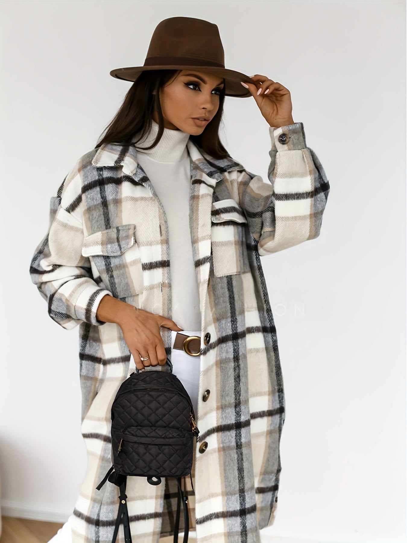 Plus Size Casual Coat, Women's Plus Plaid Print Long Sleeve Lapel Collar Button Up Shacket Jacket