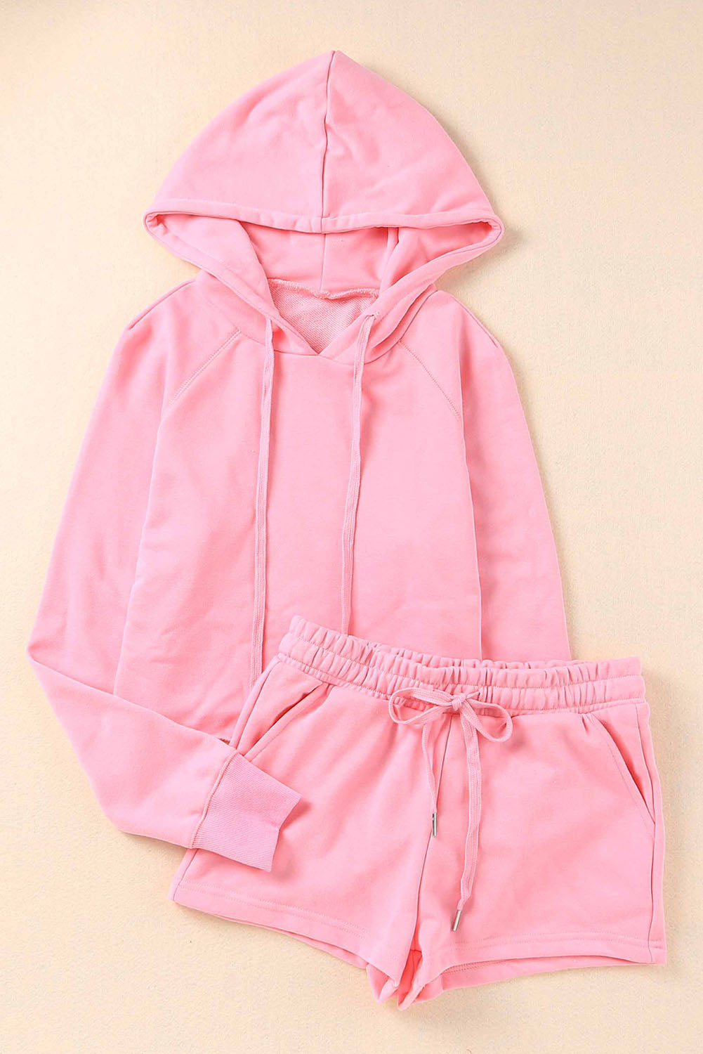 Pink Cropped Hoodie and Drawstring High Waist Shorts Set