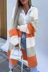 Orange Striped Color Block Drop Shoulder Midi Cardigan