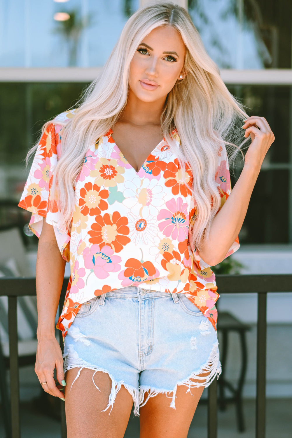 Orange Shirred Neck Summer Floral Dress