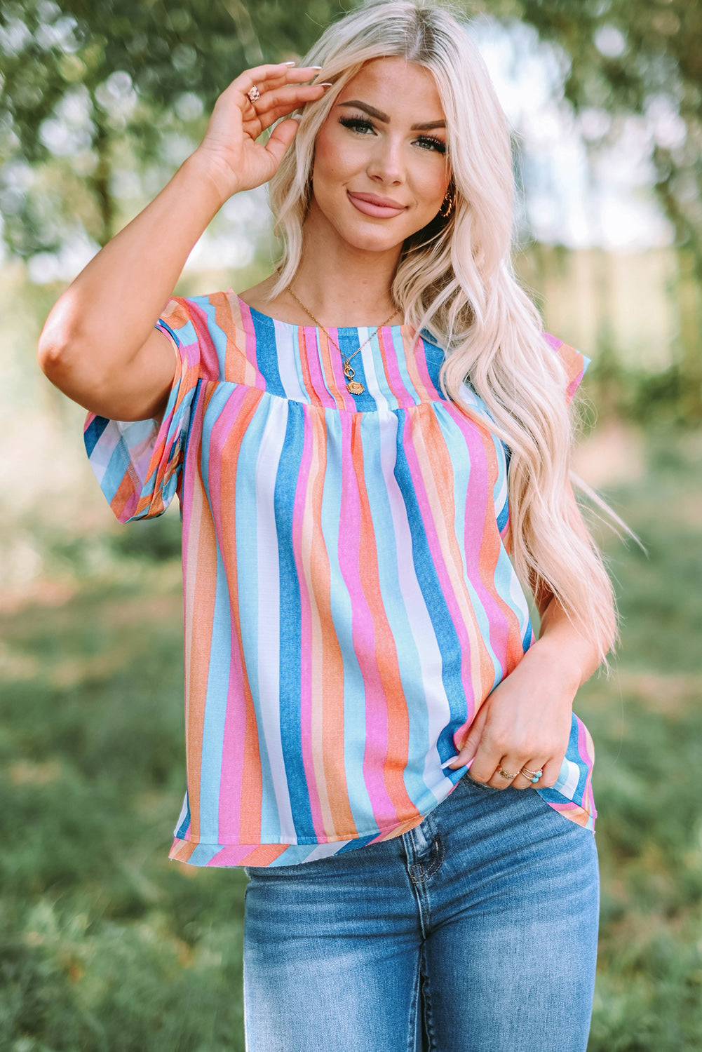 Pink Striped Button Sweetheart Flutter Sleeve Dress