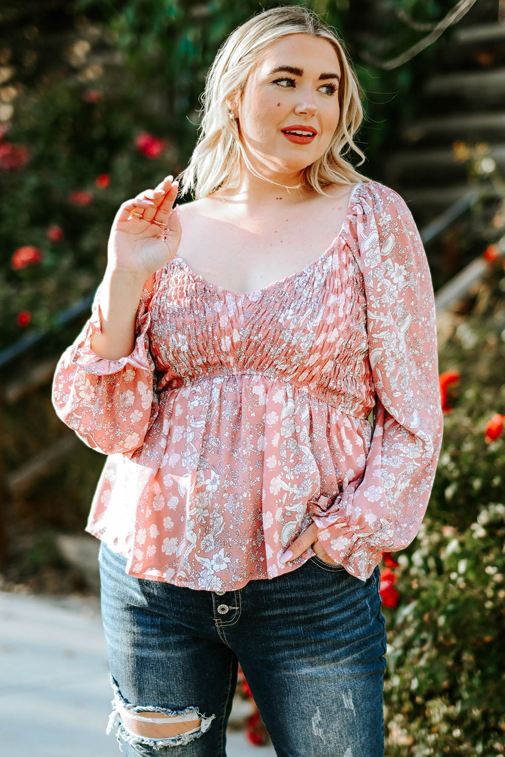 Pink Bohemian Print Puff Sleeve Curvy Peplum Blouse