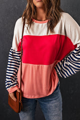 Pink Color Block Bubble Striped Sleeve Top