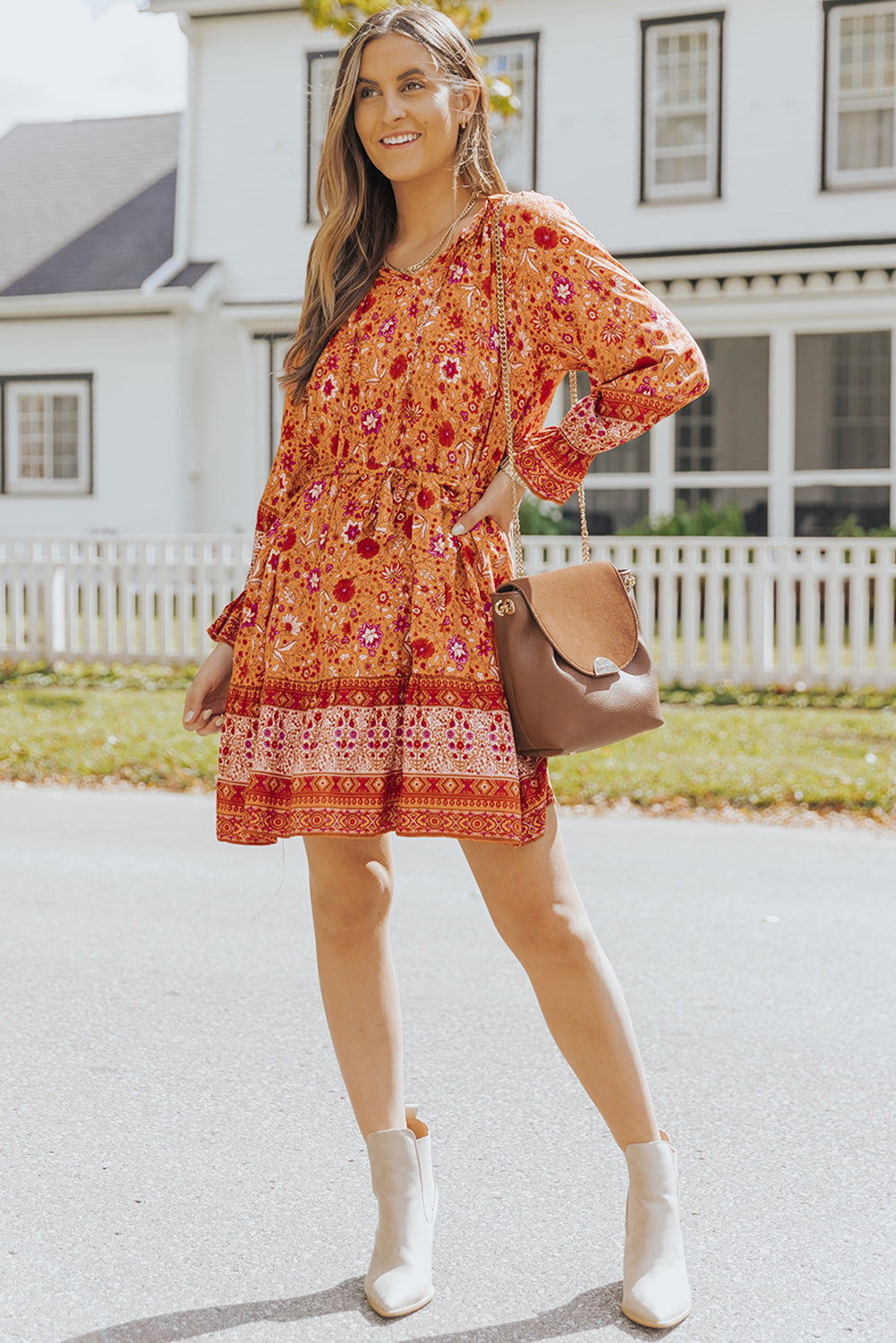 Orange Floral Print Drawstring Long Sleeve Mini Dress