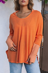 Orange Distressed Seam Trim Waffle Knit Top