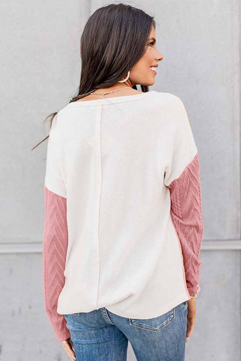 Moeak Blossom Long Sleeve Colorblock Chest Pocket Textured Knit Top