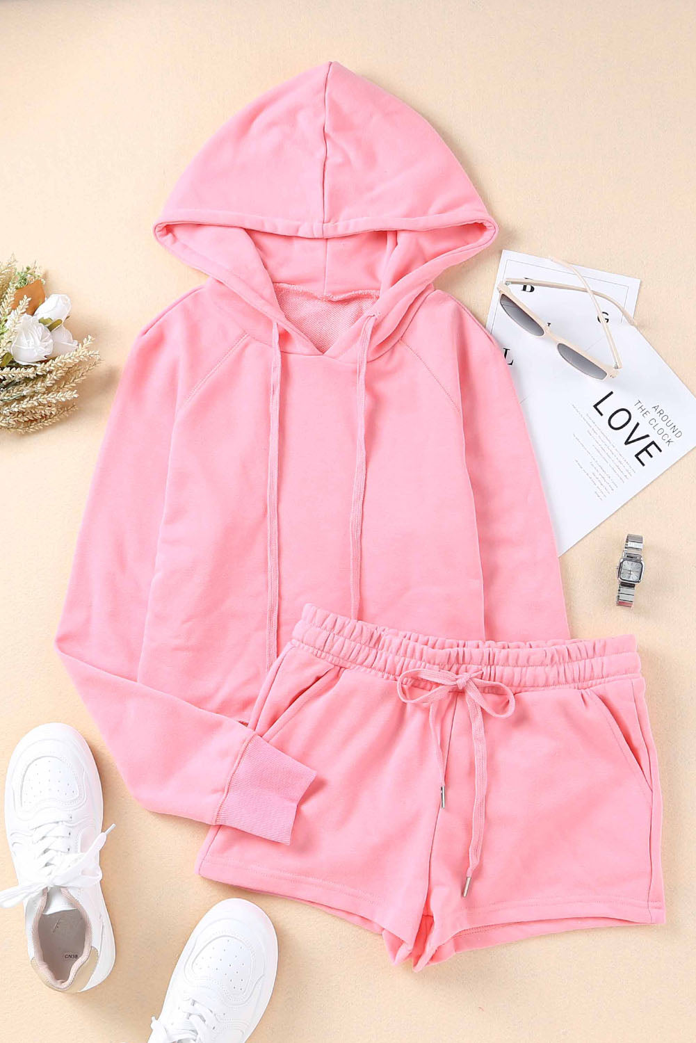 Pink Cropped Hoodie and Drawstring High Waist Shorts Set