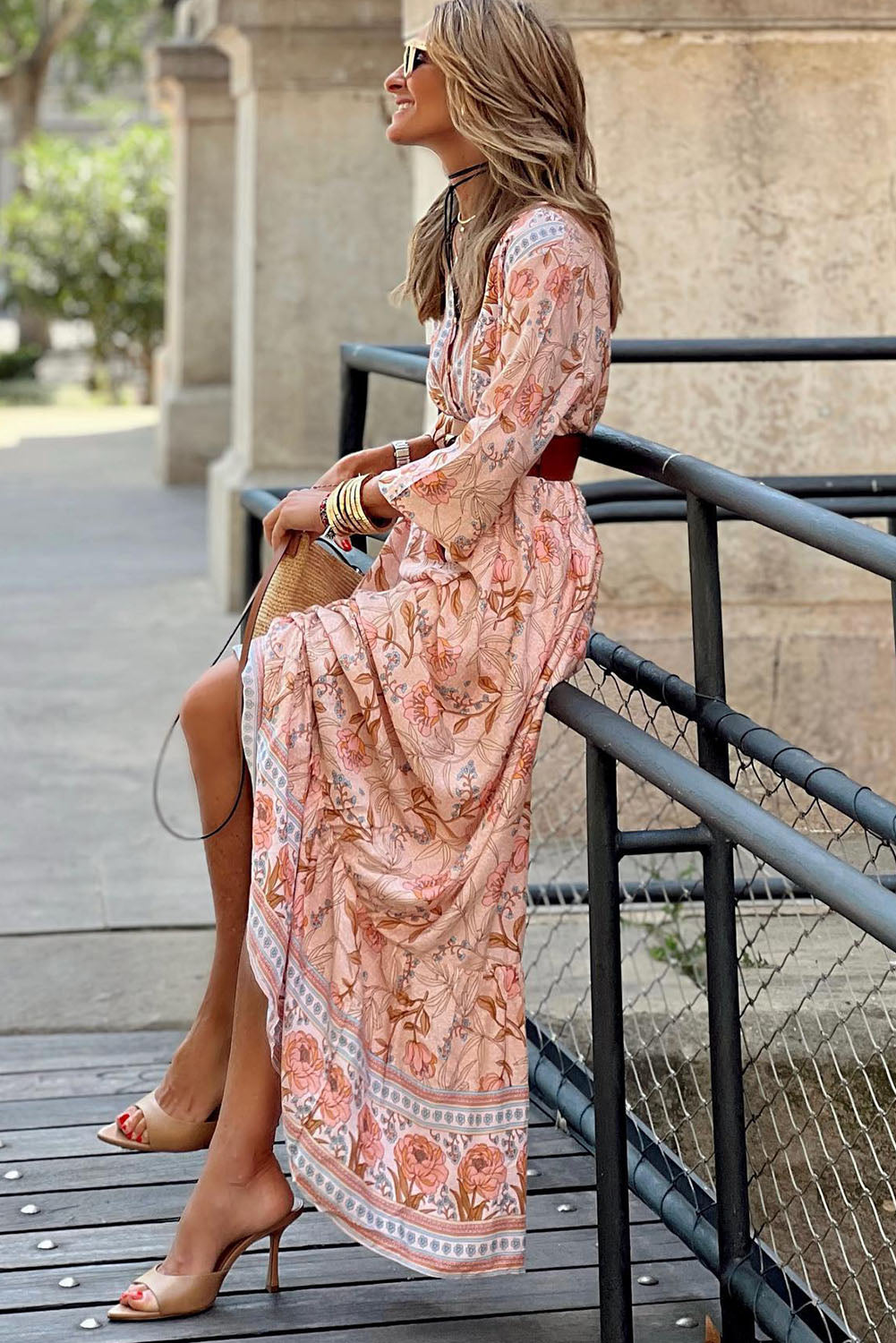 Pink Bohemian Floral Sexy V Neck Ruffle Maxi Dress