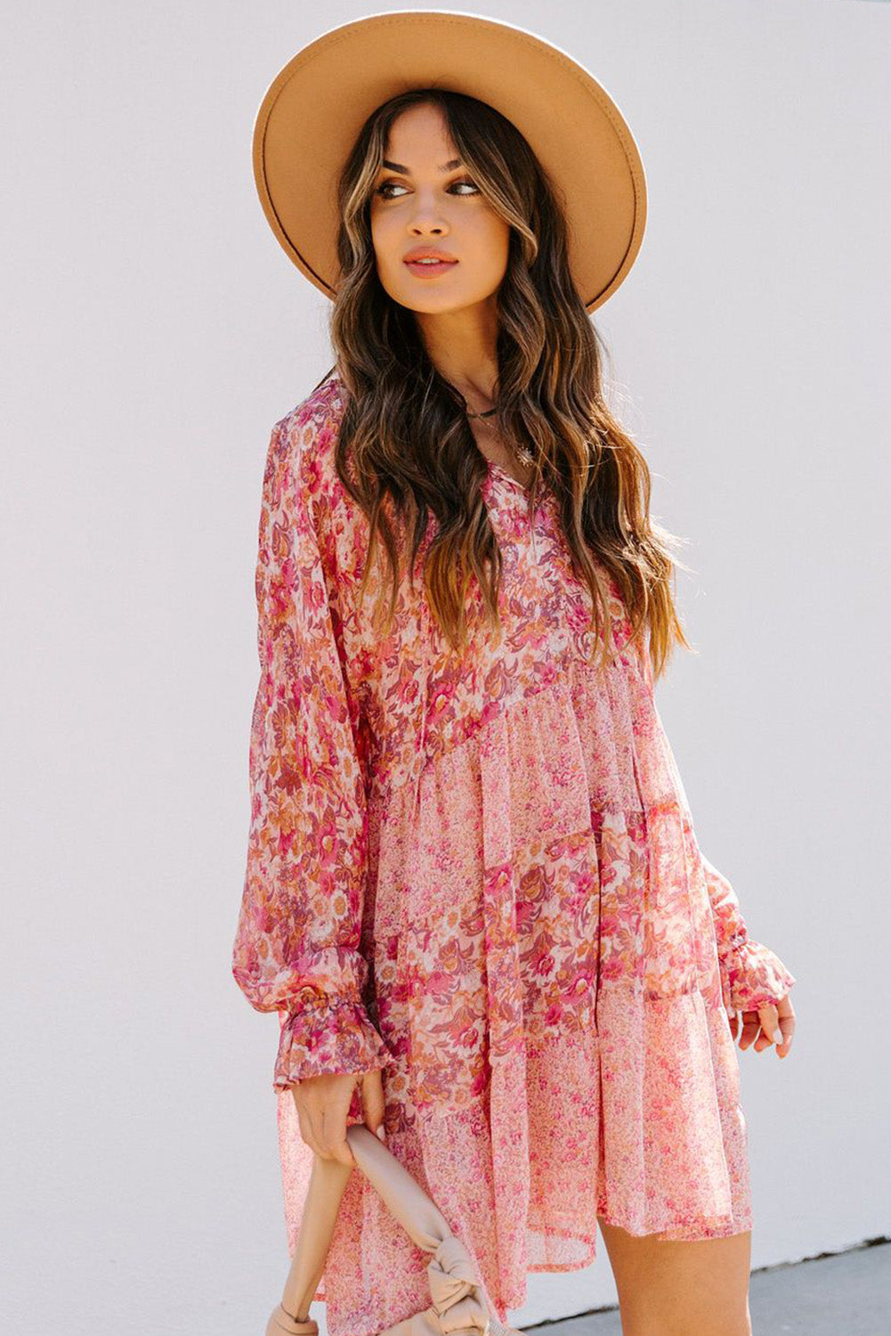 Pink Bubble Sleeve Floral Print Dress