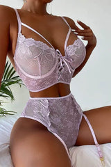 Pink Lace-up Floral Mesh High Waist Lingerie Set