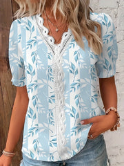 Plus Size Casual Blouse, Women's Plus Floral Print Contrast Lace Panel Puff Sleeve V Neck Slight Stretch Top