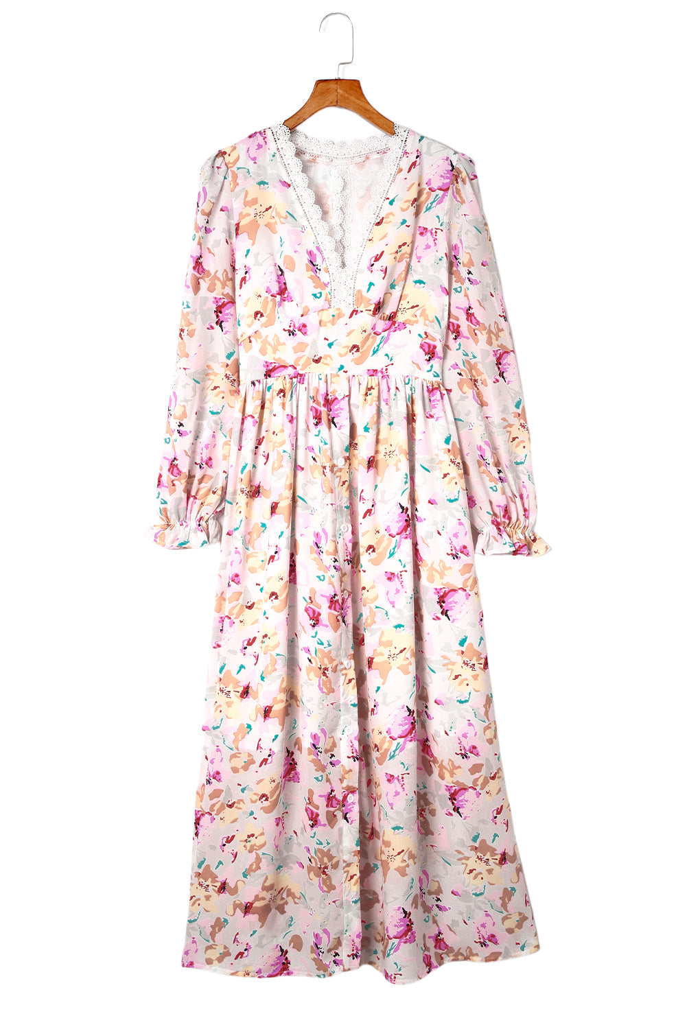 Rosa Maxikleid mit Blumenmuster und Patchwork-Ausschnitt auf der Rückseite