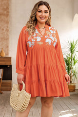 Orange Plus Size Embroidered Tiered Ruffle Dress