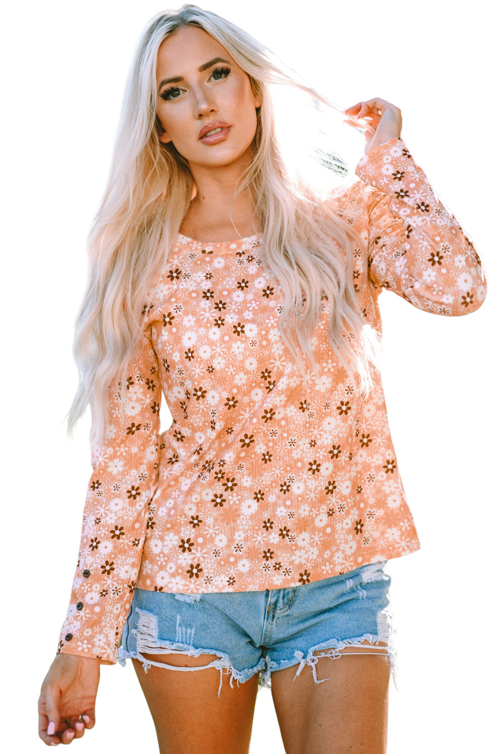 Orange Floral Knit Long Sleeve Top