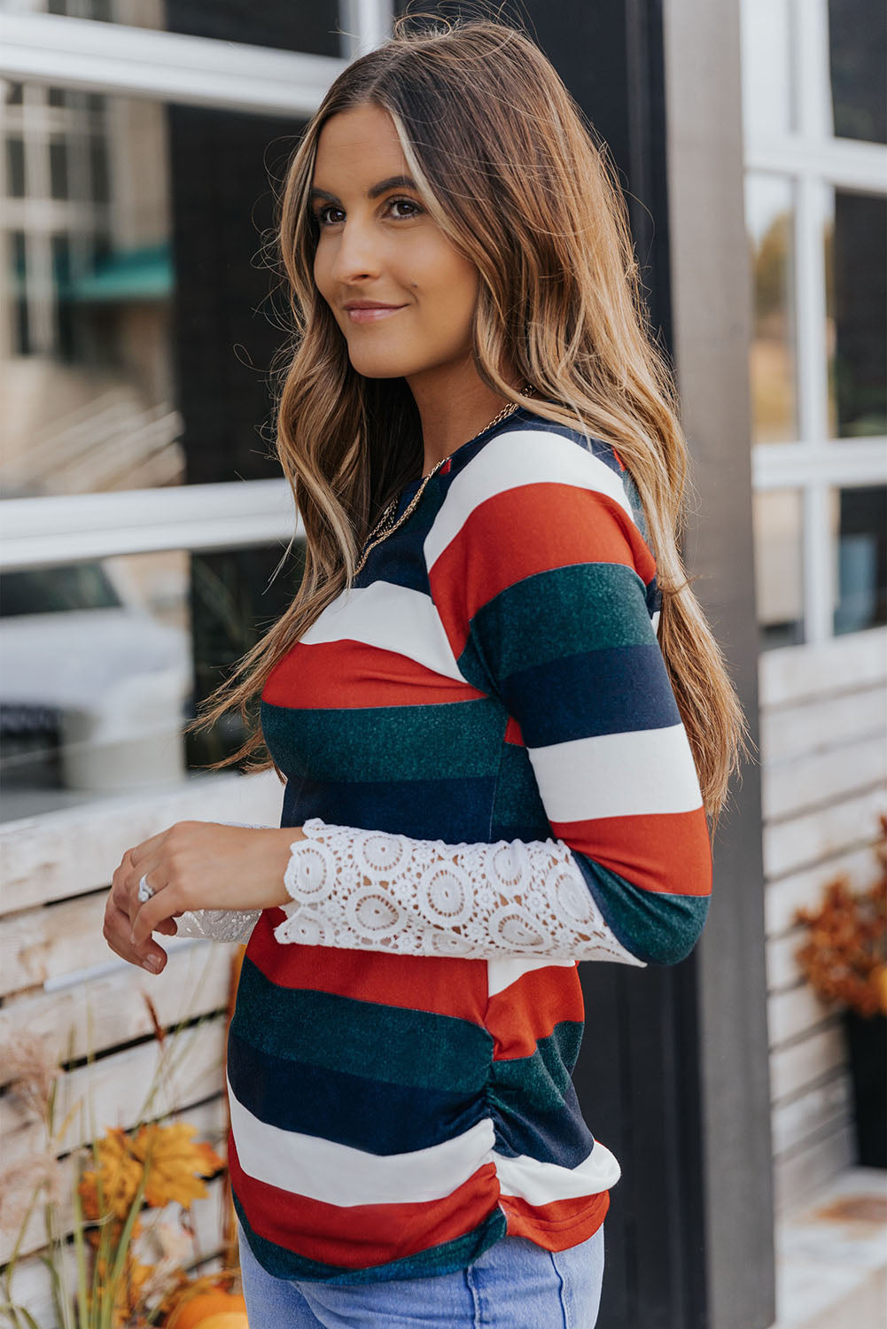 Orange Green Striped Lace Splicing Long Sleeve Top