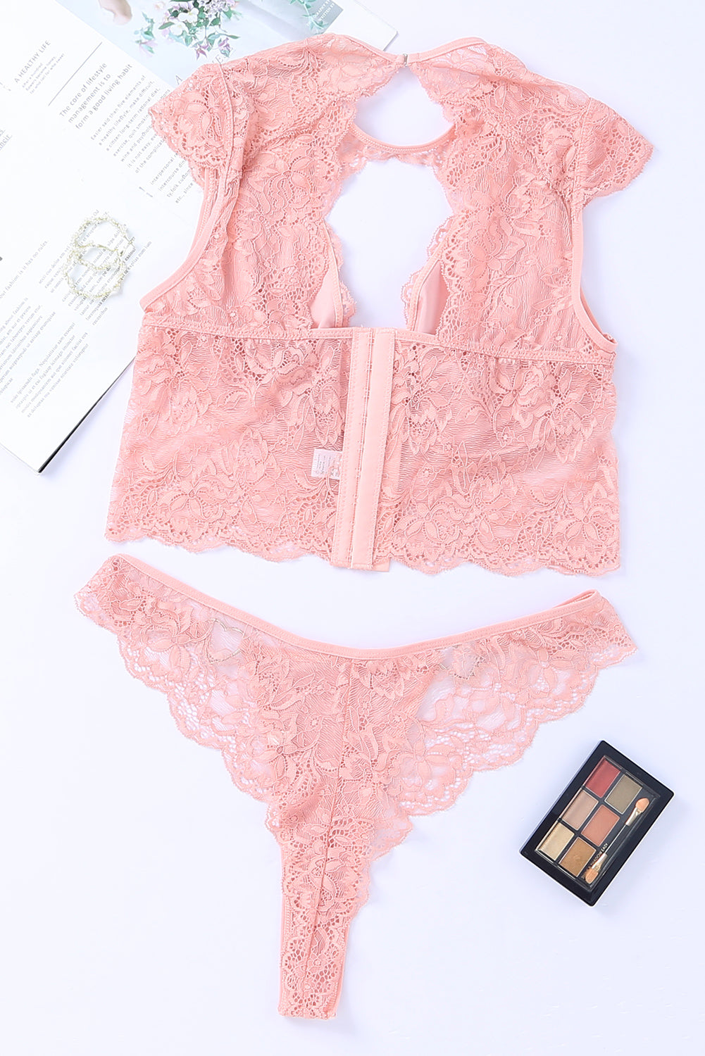 Pink 2pcs Cutout Lace Bustier Lingerie Set