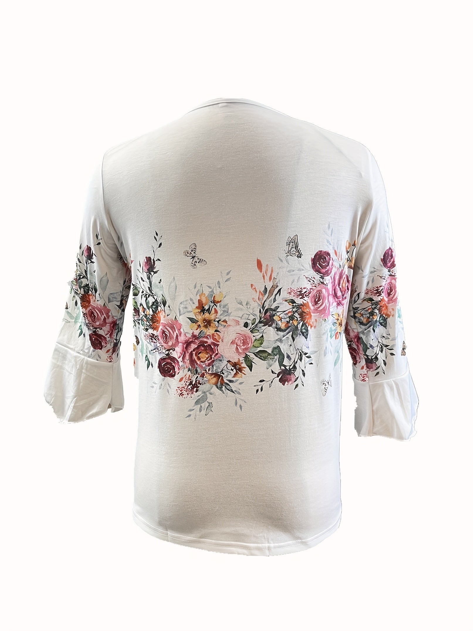 Plus Size Casual T-shirt, Women's Plus Floral Print Bell Sleeve Round Neck Slight Stretch Ruched Henley T-shirt