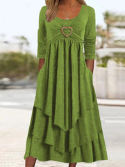 Plus Size Elegant Dress, Women's Plus Plain Long Sleeve Layered Heart Ring Decor Round Neck Maxi Dress