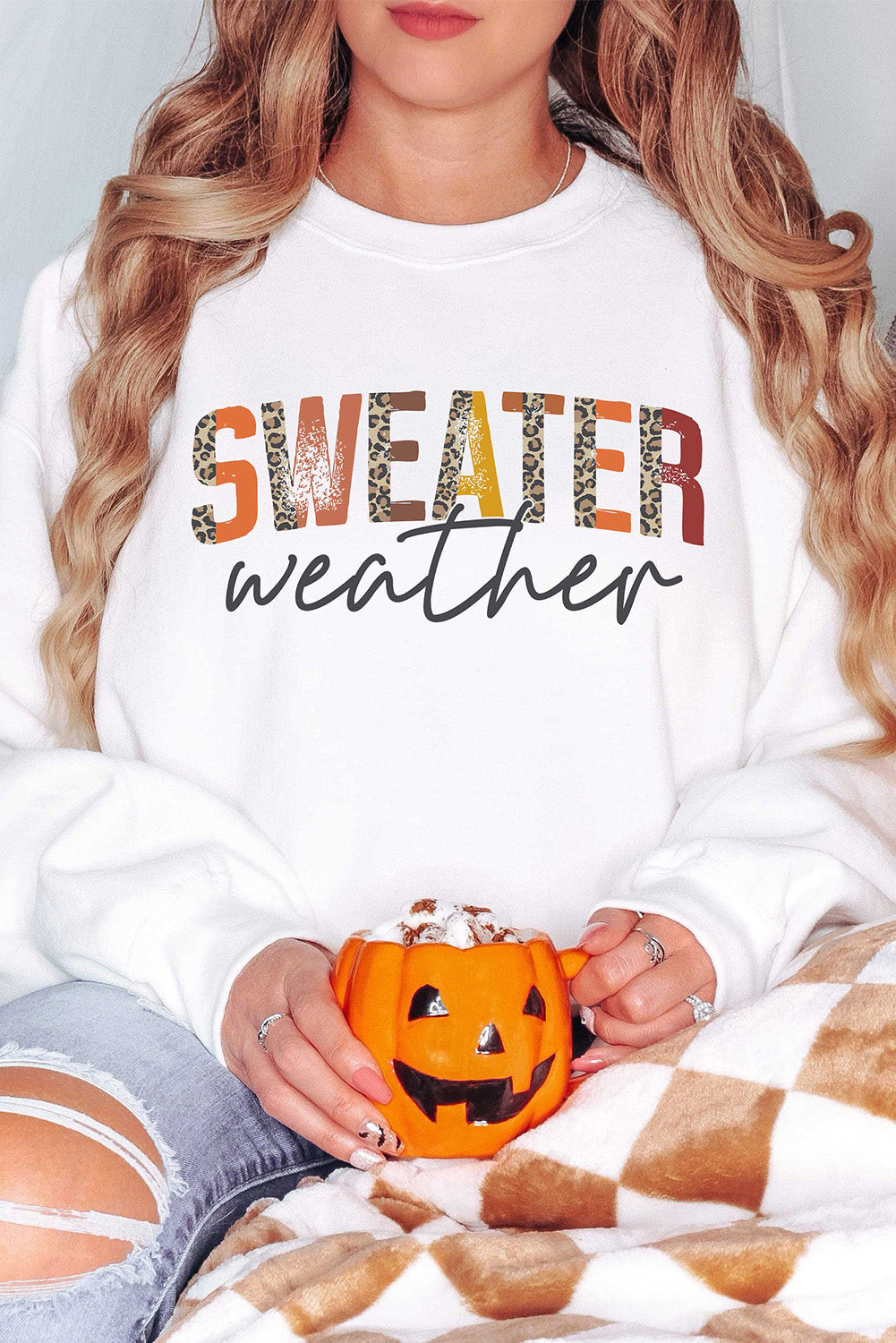 Orange Plain Crew Neck Pullover Sweatshirt