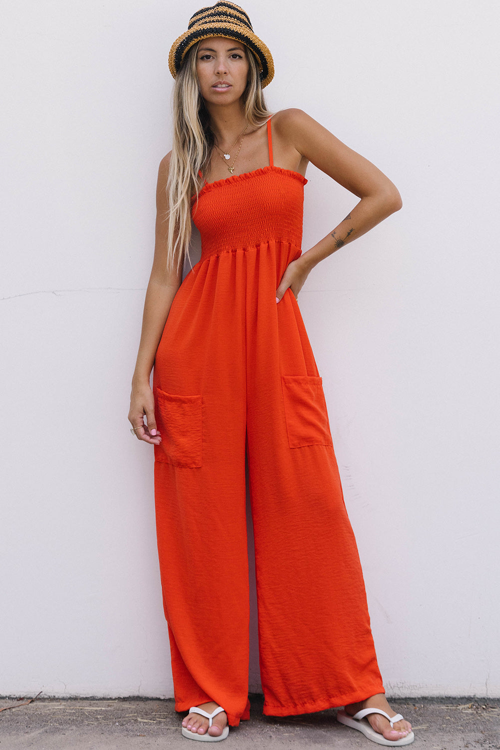 Orange Smocked Spaghetti Straps Wide Leg Jumpsuit