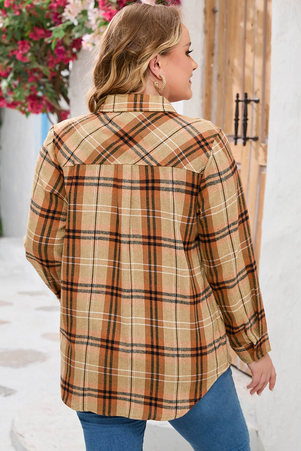 Orange Plus Size Buttons Plaid Pattern Shirt