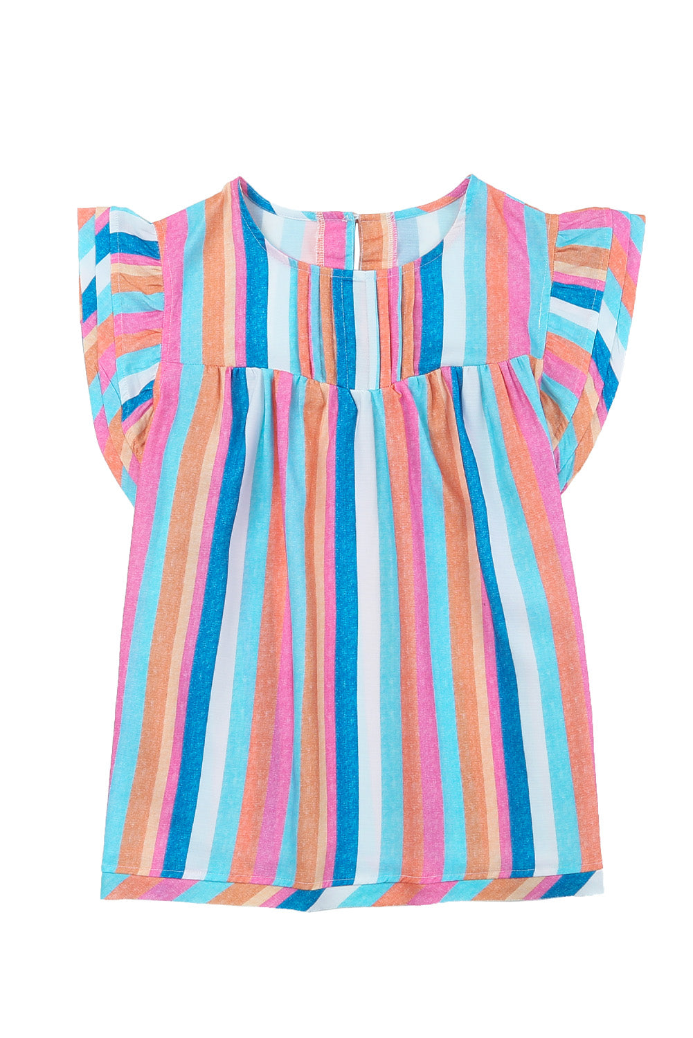 Pink Striped Button Sweetheart Flutter Sleeve Dress