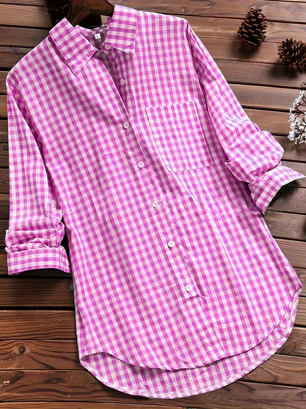 Plus Size Casual Blouse, Women's Plus Gingham Print Turn Down Collar Long Sleeve Shirt