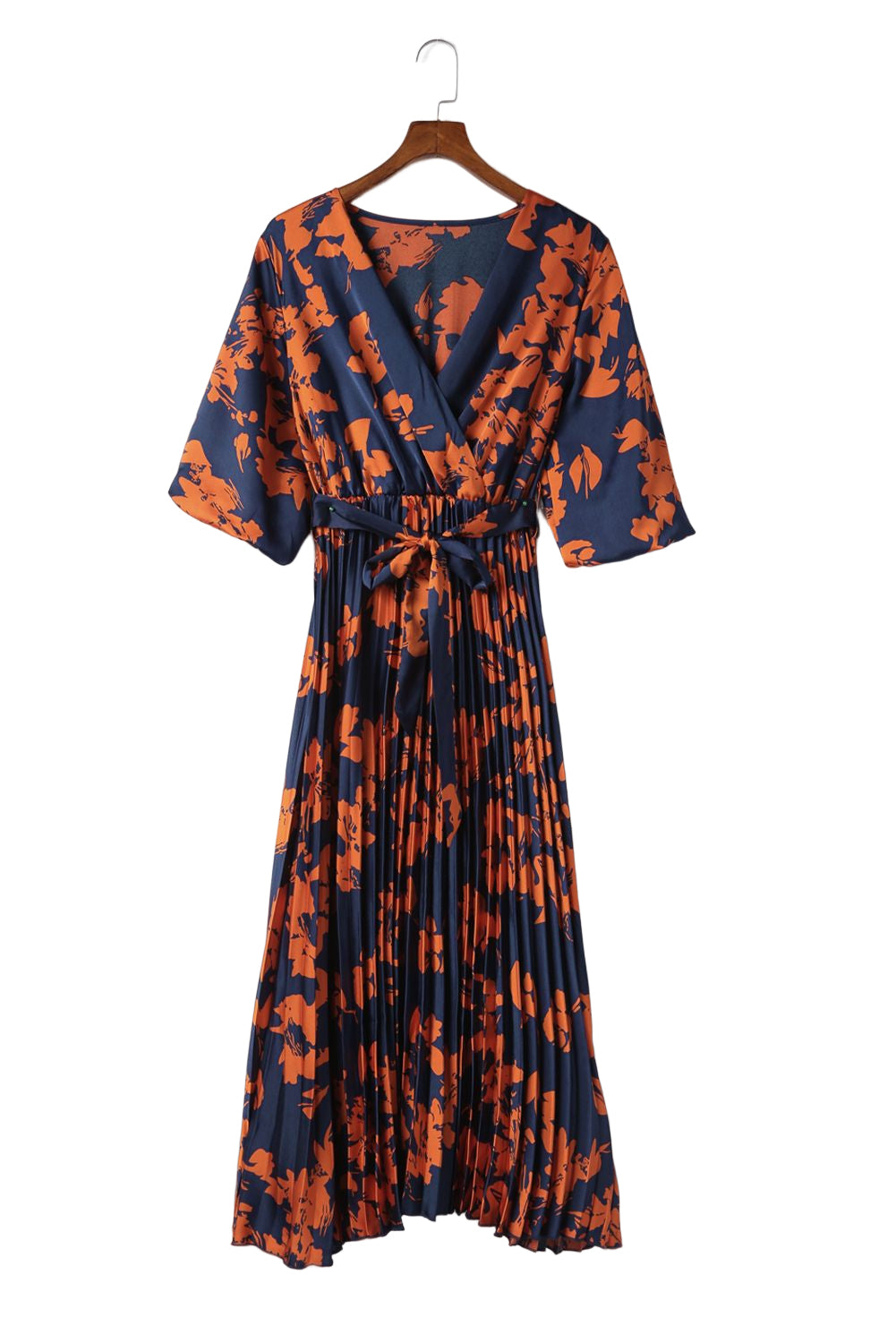 Orange V Neck Wrap Pleated Maxi Floral Dress with Tie